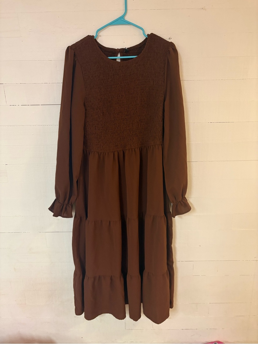 BTFBM XL Brown Smocked Tiered Midi Dress Long Sleeve Boho Prairie